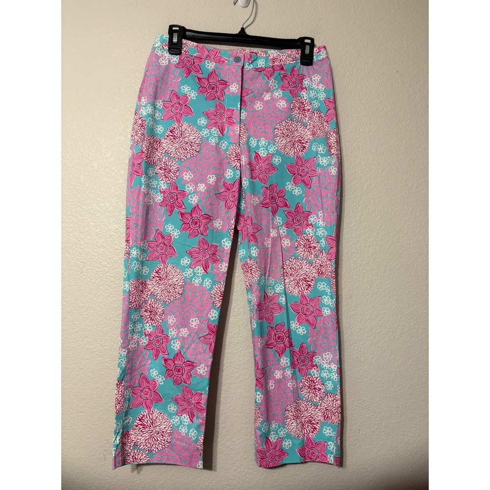 Lilly Pulitzer Vintage Floral Straight Leg Pants Pink Turquoise Size 6